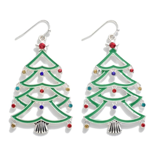 Statement Enamel Christmas Tree Drop Earrings Featuring Rhinestone Ornament Accents.

- Approximately 2.5" L