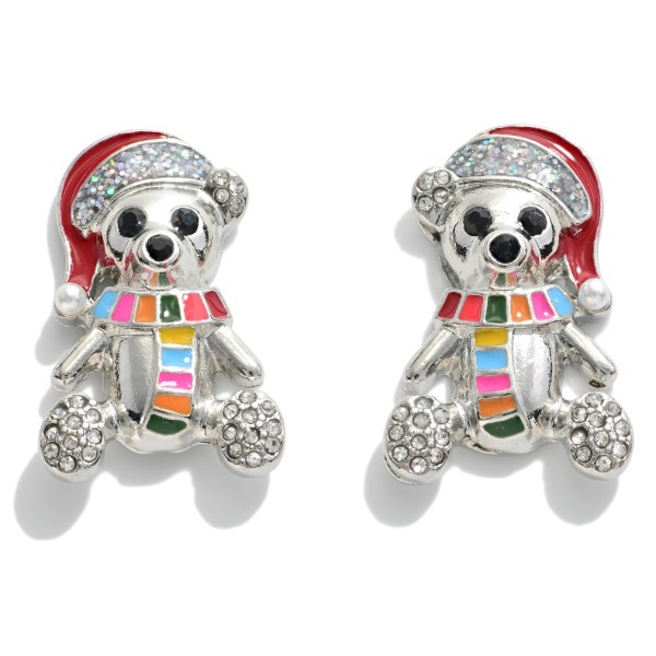 Wholesale metal Christmas Teddy Bear Stud Earrings Glitter Rhinestone Accents L