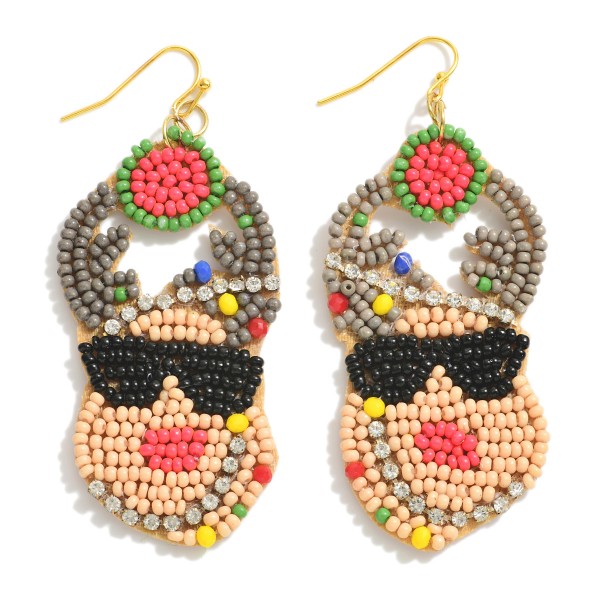 Seed Bead Reindeer in Sunglasses Drop Earrings Featuring Rhinestone Accents.

- Approximately 2.75" L