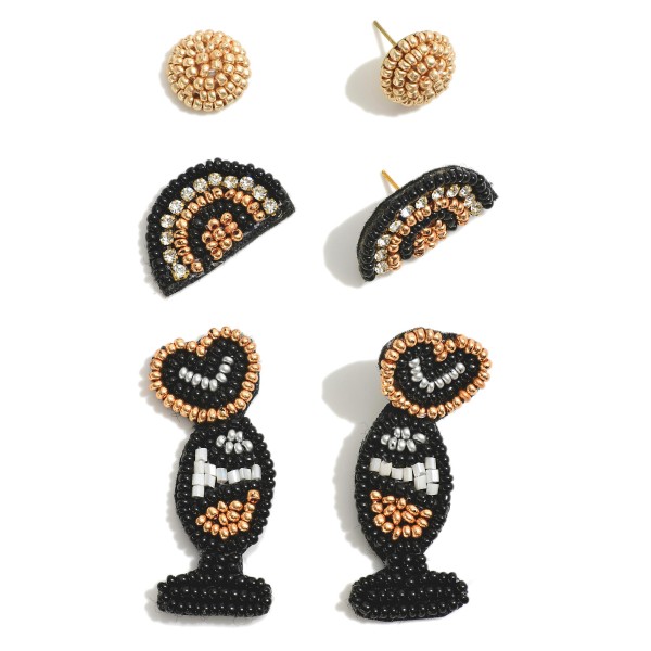 Seed Beaded Drop Earring Set Featuring Gold & Rhinestone Earrings 

- Approximately 0.5- 1.75" L