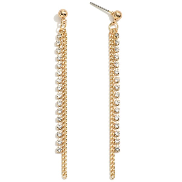 Gold Tone Drop Earrings Featuring Rhinestone and Chain Link Tassel 

- Approximately 2.5" L