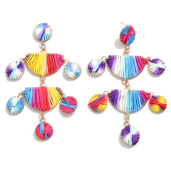 Wrapped Raffia Drop Earrings Featuring Circular Accent Pieces 

- Approximately 4" L