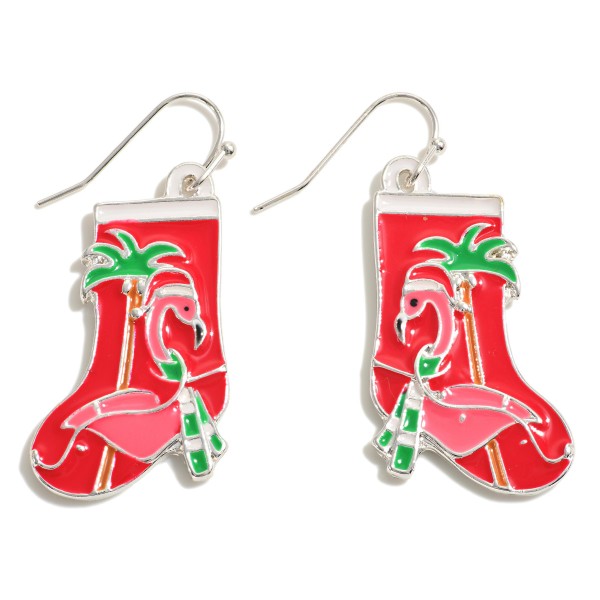 Flamingo Christmas Stocking Enamel Drop Earrings 

- Approximately 1.5" L