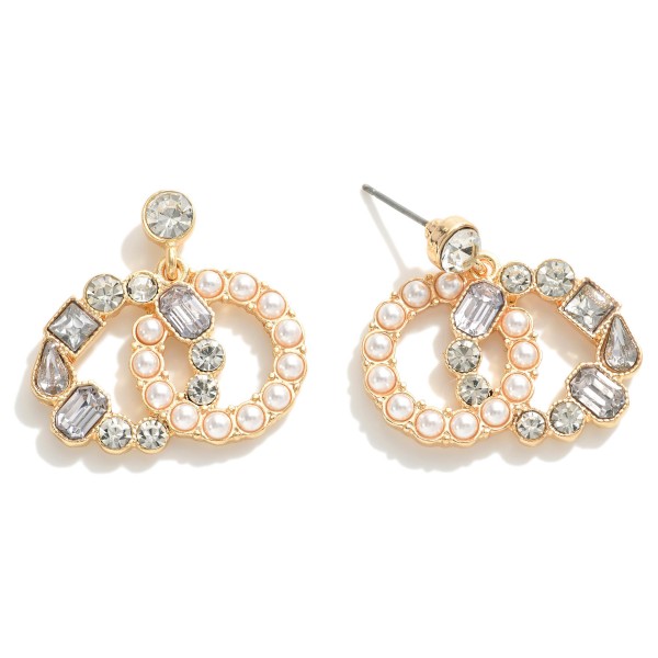 Linked Double Circle Drop Earrings Featuring Rhinestones & Pearls 

- Approximately 1.25" L
