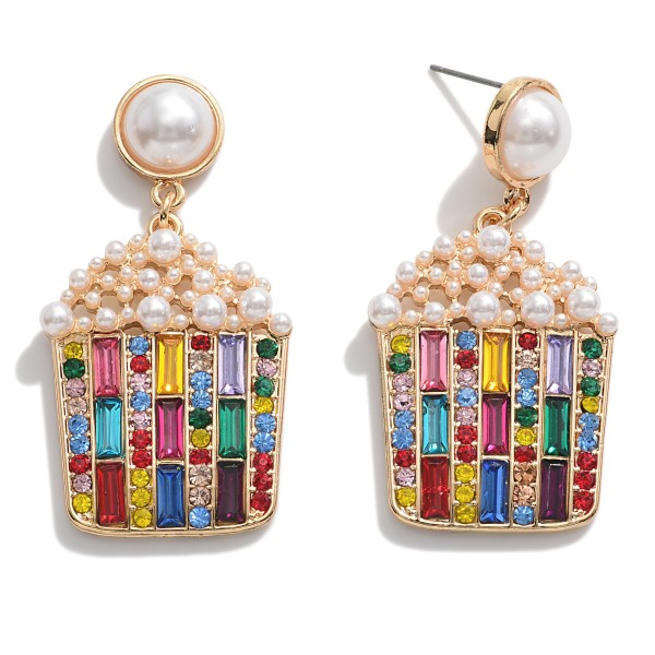 Pearl and Rhinestone Popcorn Bucket Drop Earrings.

- Approximately 2" L