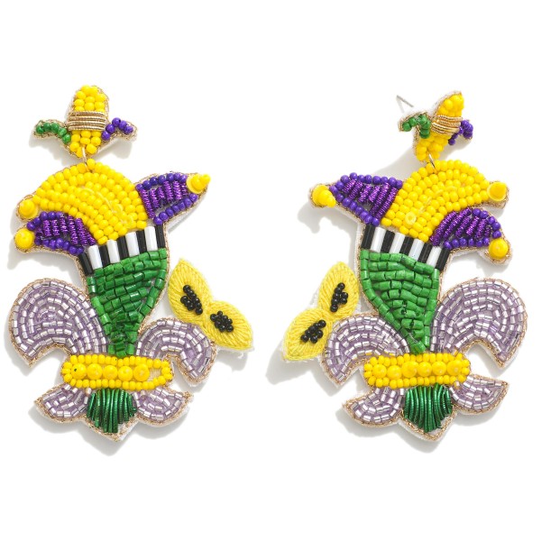 Seed Bead Fleur di Lis and Jester Hat Drop Earrings

- Approximately 2.75" L