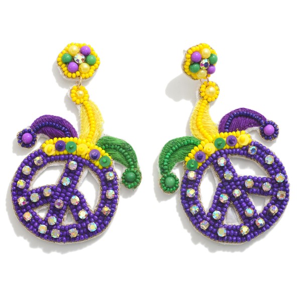 Seed Bead and Rhinestone Mardi Gras Peace Sign Drop Earrings

- Approximately 2.75" L