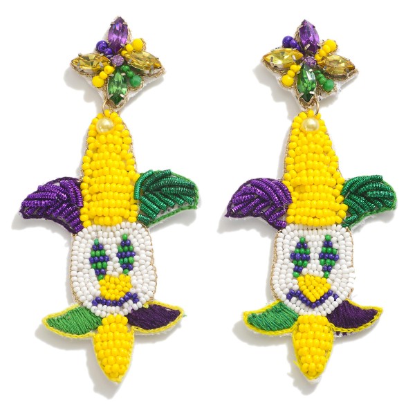 Seed Bead and Rhinestone Mardi Gras Jester Drop Earrings

- Approximately 3.5" L