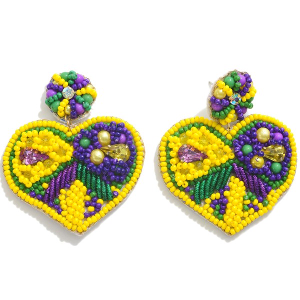 Seed Bead and Rhinestone Mardi Gras Heart Drop Earrings

- Approximately 2" L