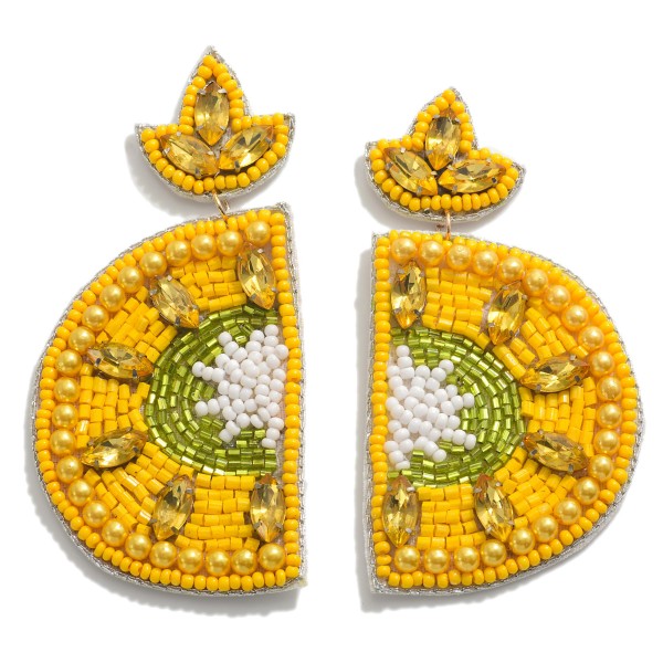 Seed Bead and Rhinestone Lemon Slice Drop Earrings

- Approximately 3" L