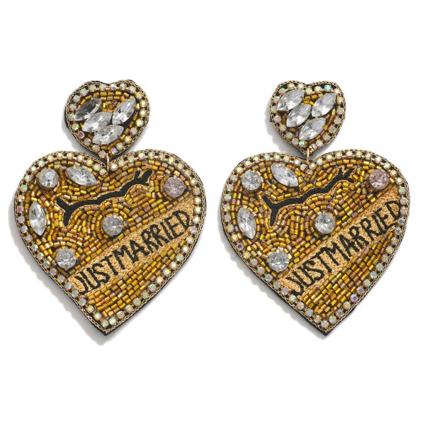 Seed Bead and Rhinestone Heart "Just Married" Drop Earrings

- Approximately 3" L