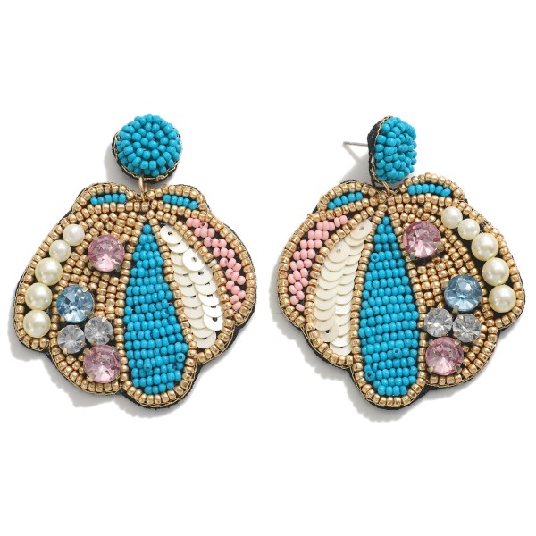 Seed Bead, Rhinestone, and Pearl Clam Drop Earrings

- Approximately 2.5" L