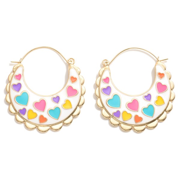 Enamel Heart Print Hoop Earrings Featuring Scalloped Border Detail

- Approximately 1.5" Diameter