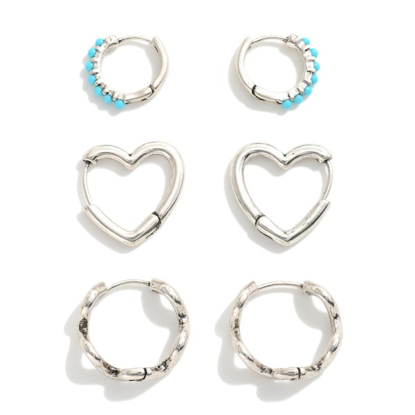 Set of 3 Drop Hoop Earrings Featuring Heart, Wave, and Stone Accents
 
- Approximately 0.5"-0.75" L