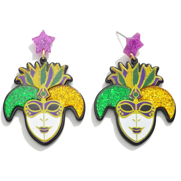 MardiGras Mask Drop Earrings Featuring Glitter Accents 

- Approximately 2.5" L