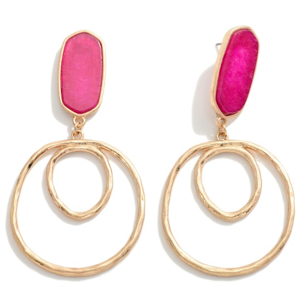 Gold Tone Double Hoop Earrings With Natural Stone Accents

- Approximately 3" L