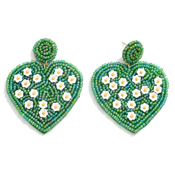 Flower Studded Seed Bead Heart Drop Earrings

- Approximately 2.5" L