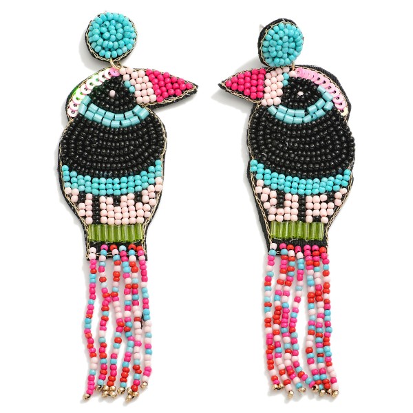 Seed Beaded Toucan Drop Earrings With Tassel Feather Detail 

- Approximately 4" L