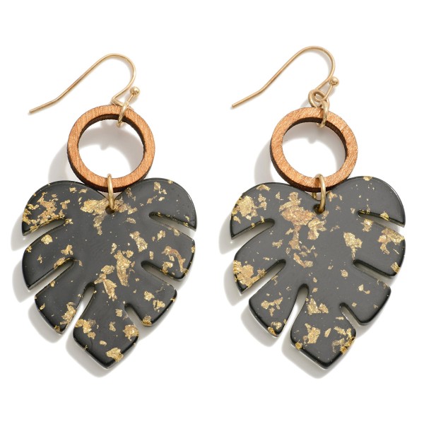 Wholesale gold Foil Resin Monstera Leaf Drop Earrings Wooden Hoop Accents L