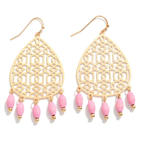 Geometric Laser Cut Drop Earrings Featuring Wooden Bead Tassel Accents

- Approximately 2.5" L