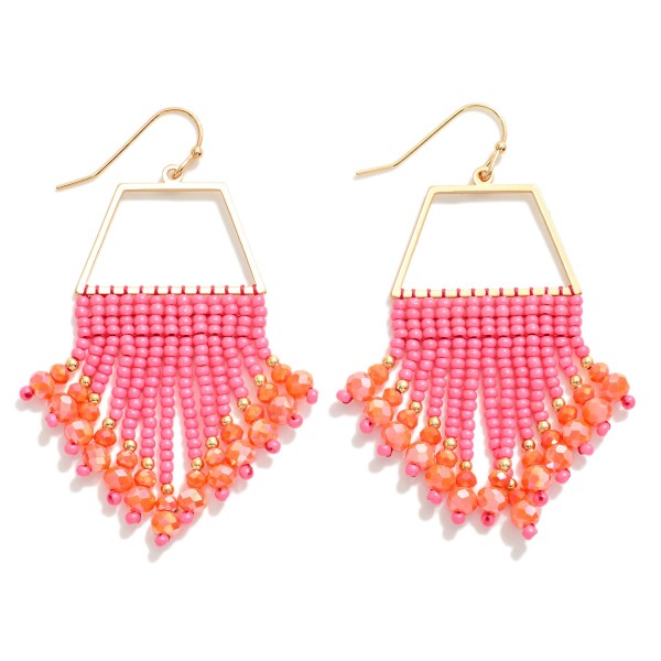 Trapezoid Metal Drop Earrings With Beaded Tassel Accents

- Approximately 2" L