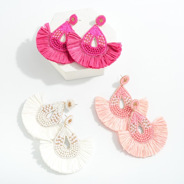 Seed Bead Teardrop Earrings With Raffia Fan Tassels

- Approximately 3" L