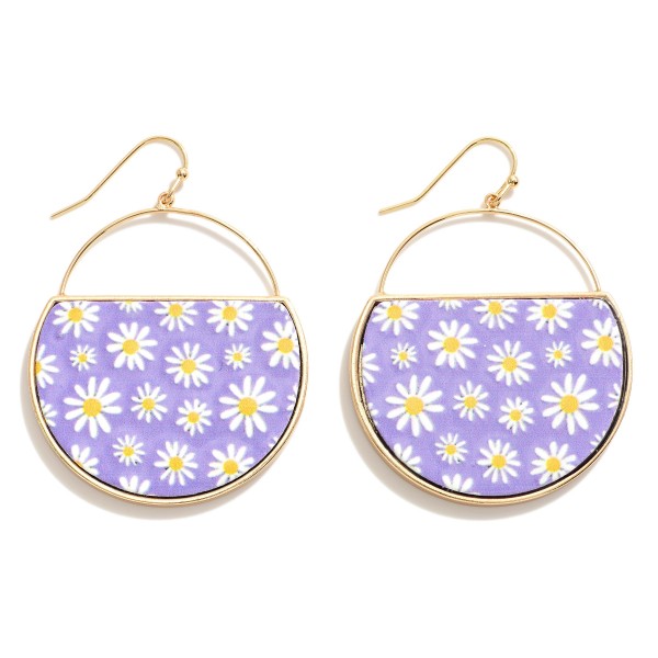 Circular Metal Drop Earring Featuring Flower Print Design 

- Approximately 2" L