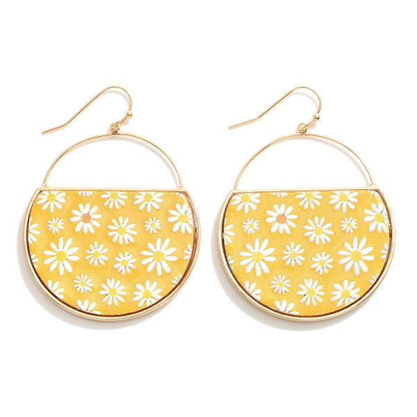 Circular Metal Drop Earring Featuring Flower Print Design 

- Approximately 2" L