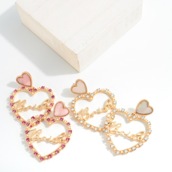'Bride' Heart Drop Earrings With Border Detail 

- Approximately 2" L