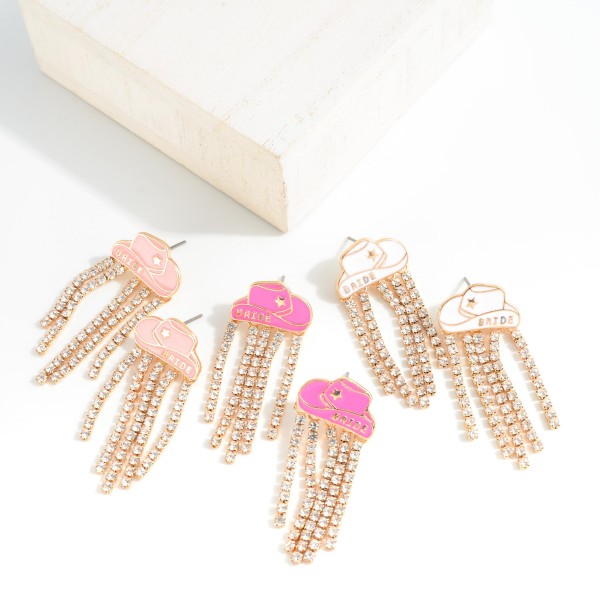 'Bride' Cowboy Hat Featuring Waterfall Rhinestone Tassel Detail 

- Approximately 1.75" L