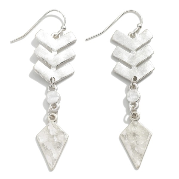 Metal Chevron Drop Earrings With Linked Hammered Metal Diamond Shape Charm

- Approximately 2.25" L