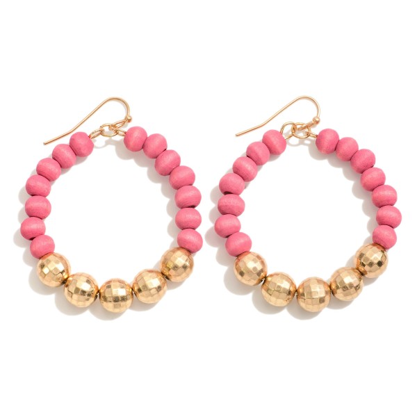 Circular Wood Beaded Drop Earrings Featuring Gold Disco Beads

- Approximately 2" L