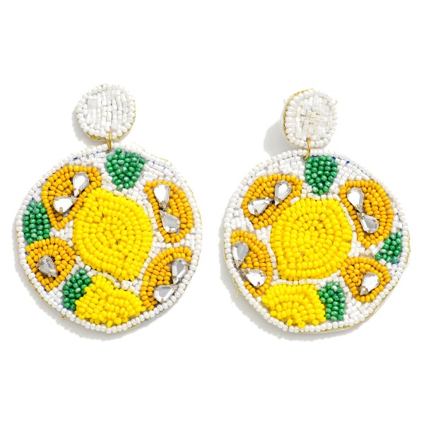 Seed Bead Lemon Drop Earrings With Rhinestone Accents

- Approximately 3" L