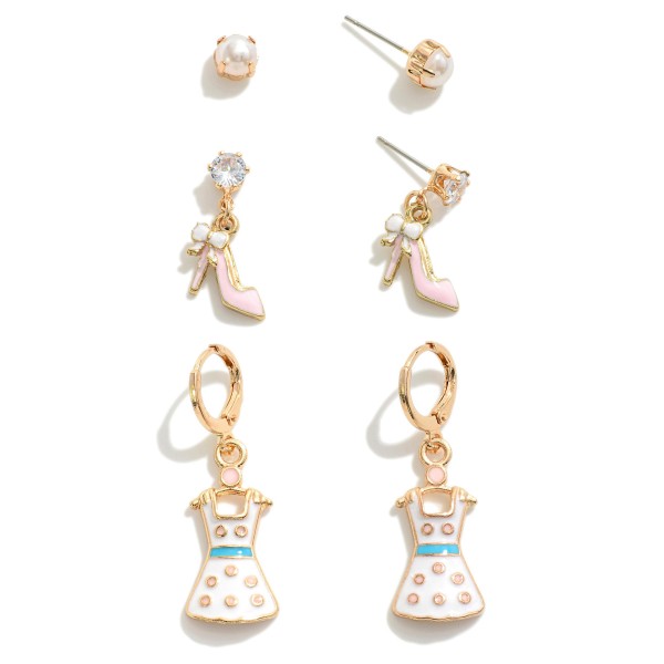 Set of 3 Earrings Featuring Pearl Stud And Enamel Shoe & Dress Drop Earrings

- Approximately 0.25-1.25" L