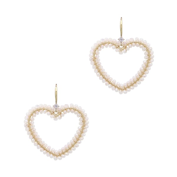 Wholesale gold Heart Drop Earrings Beaded Edge Rhinestone Accent L