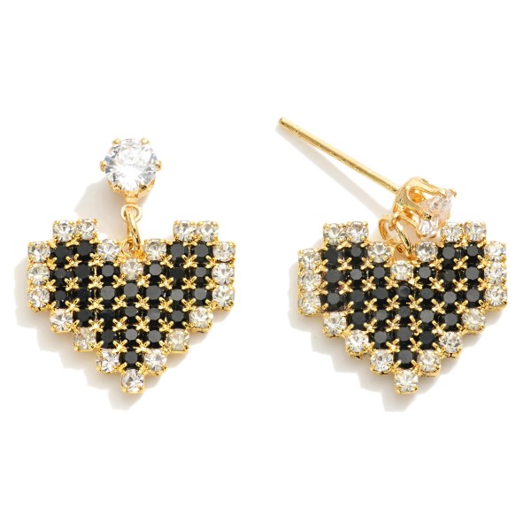 Cubic Zirconia Studded Heart Drop Earrings 

- Approximately 0.75" L
- 14K Gold Dipped 
- Handmade In Korea 