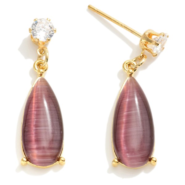 Gold Dipped Cubic Zirconia Drop Earrings Featuring Teardrop Stone

- Approximately 1" L
- 14K Gold Dipped 
- Handmade In Korea 