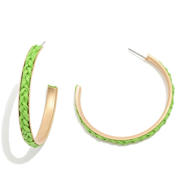 Raffia Braided Accented Gold Tone Drop Hoop Earring

- Approximately 1.5" L