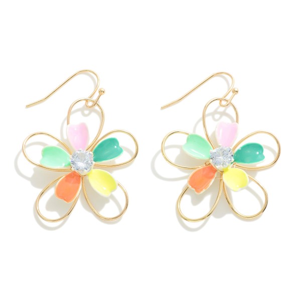 Metal Wire Flower Drop Earring Featuring Enamel Petal and Stone Center

-- Approximately 1.5" L