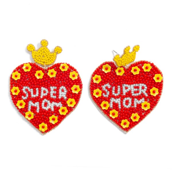 Seed Beaded Heart 'Super Mom' Drop Earrings With Crown Post 

- Approximately 2.5" L