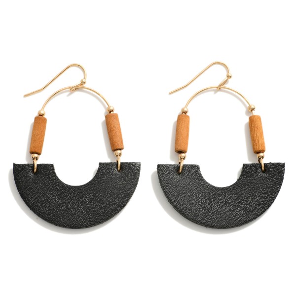 Wholesale gold Drop Earrings Leather Cut Half Moon Wood Beaded Details L