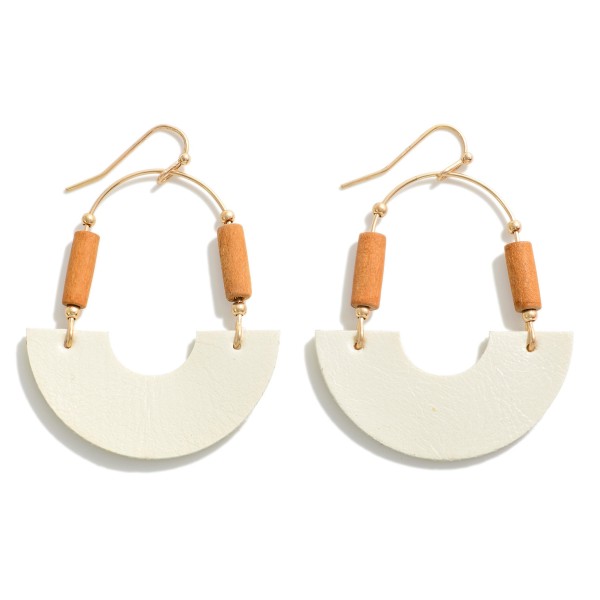 Wholesale gold Drop Earrings Leather Cut Half Moon Wood Beaded Details L