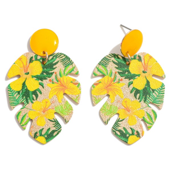 Gold Tone Monstea Cut Drop Earrings With Tropical Flower Overlay

- Approximately 2" L