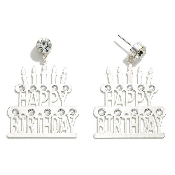 Brass Happy Birthday Cake Drop Earrings With Rhinestone Accents

- Approximately 2" L
- Brass Metal 