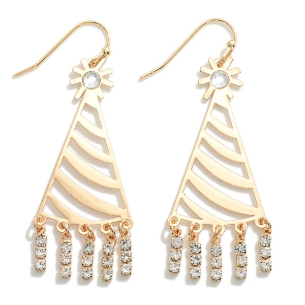 Brass Party Hat Drop Earring With Rhinestone Tassels 

- Approximately 2" L
- Brass Metal 