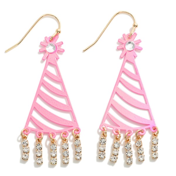 Party Hat Drop Earrings With Rhinestone Tassel Details

- Approximately 2.25" L
- Brass Metal