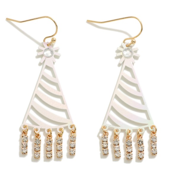 Party Hat Drop Earrings With Rhinestone Tassel Details

- Approximately 2.25" L
- Brass Metal