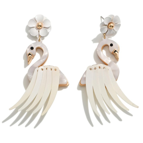 Acetate Flamingo Post Drop Earrings Featuring Sequin Feathers and Flower Accents

- Approximately 3" L