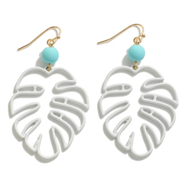 Smooth Coated Metal Monstera Leaf Drop Earrings With Beaded Detail

- Approximately 2.5" L