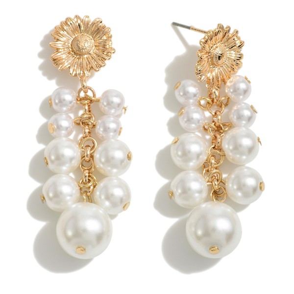 Gold Tone Sunflower Drop Earring With Pearl Tassel 

- Approximately 2" L
